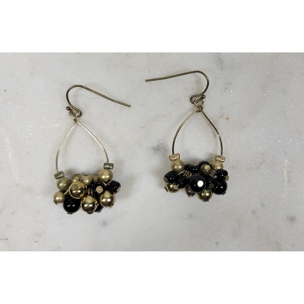 Vintage Beaded Pin Head Earrings Black Gold Cluster Dangle Holiday NYE Saints